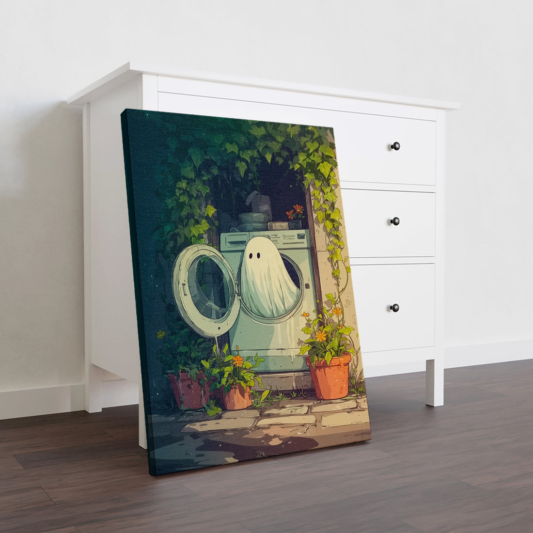 Add a touch of playful charm to your living space with this Whimsical Ghost in Washing Machine Art Canvas Print. Perfect as a sofa backdrop or bedside decoration, this unique piece blends humor and creativity to enliven your home decor. Crafted on high-quality canvas, it offers lasting vibrancy and texture, making it an expert choice for those seeking distinctive and engaging wall art.