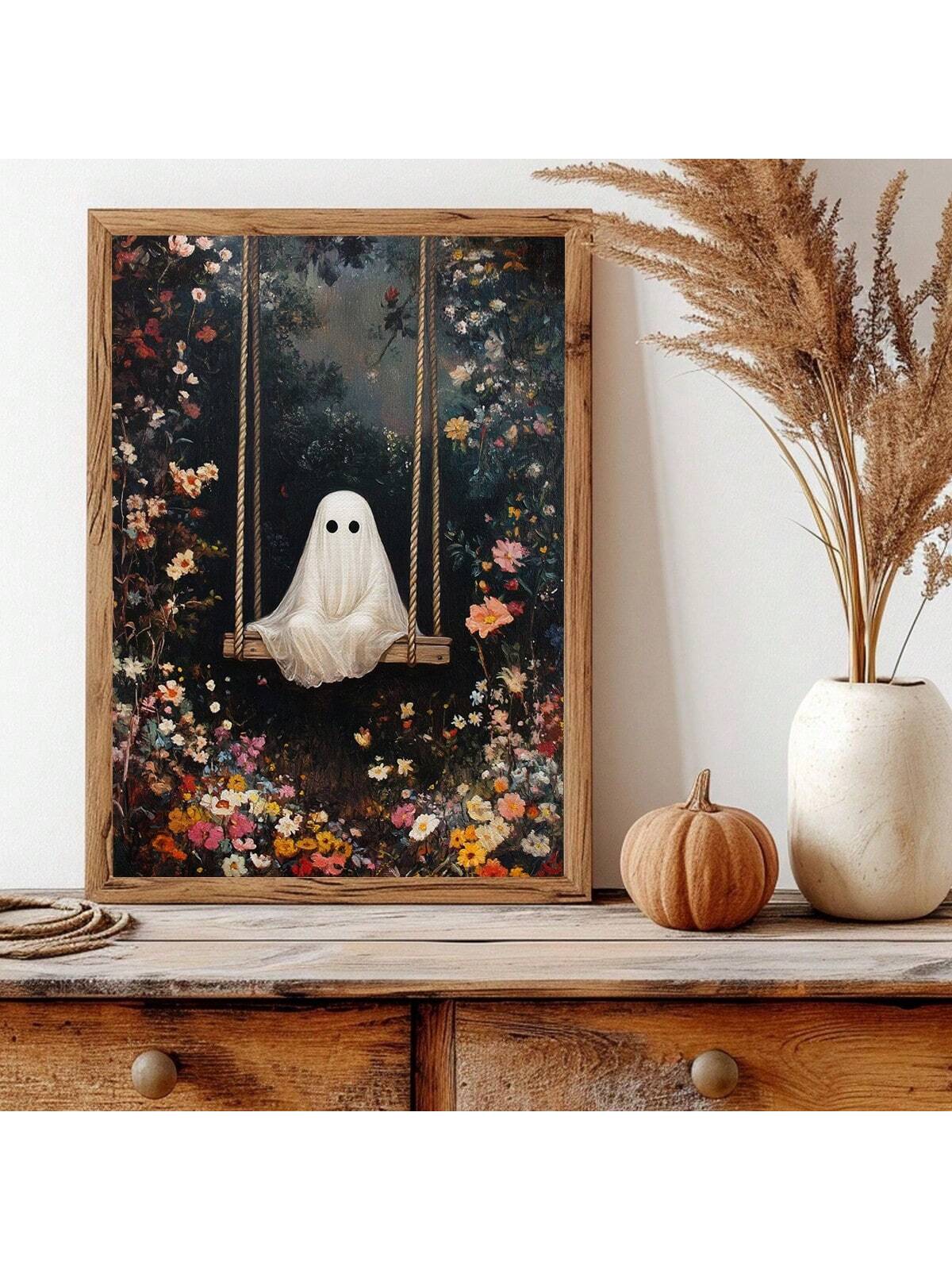 Add a touch of playful spookiness to your space with this Whimsical Ghost on a Swing canvas wall art. Featuring a bright floral background, this framed piece blends Halloween charm with vibrant colors, making it an ideal decoration for living rooms, bedrooms, or any area needing festive flair. Ready to hang, it offers effortless installation and a unique way to celebrate the season with style and sophistication.