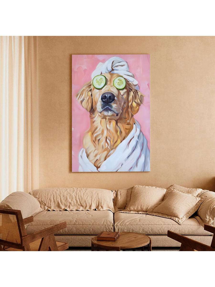 Expertly designed for animal lovers, this Whimsical Golden Retriever Canvas Art adds a touch of preppy charm to your wall decor. Featuring a playful and delightful Golden Retriever, this canvas art is perfect for adding a whimsical touch to any room. Made with high-quality materials, it's a must-have for any dog lover.