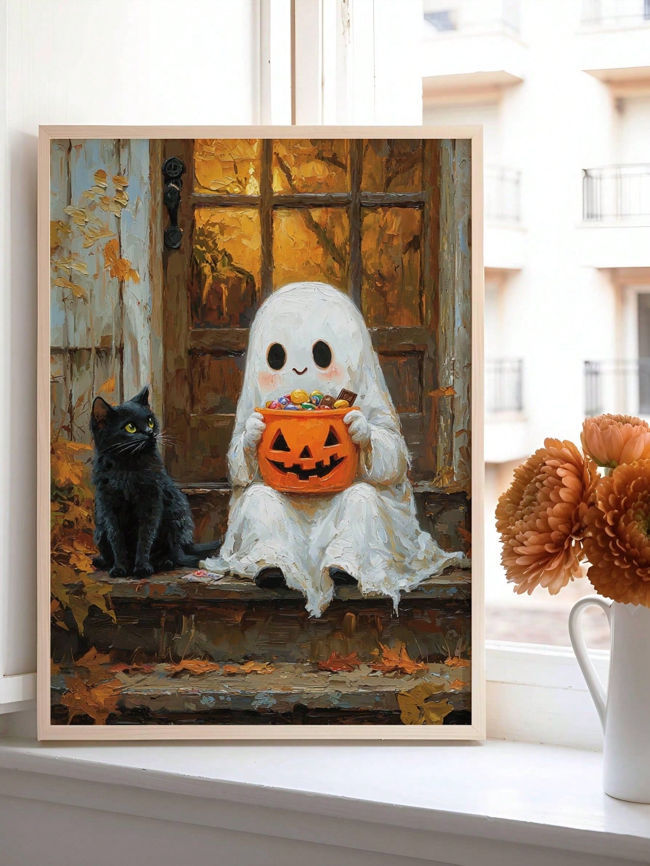 Add a touch of playful spookiness to your home with this framed canvas featuring a whimsical Halloween scene. Showcasing a charming ghost, a sleek black cat, and festive candy, this artwork captures the spirit of fall with a lighthearted twist. Perfect for enhancing your seasonal decor, it brings a professional yet fun ambiance to any room. Durable and ready to hang, this piece offers an easy way to celebrate Halloween with style and subtlety.