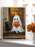 Add a touch of playful spookiness to your home with this framed canvas featuring a whimsical Halloween scene. Showcasing a charming ghost, a sleek black cat, and festive candy, this artwork captures the spirit of fall with a lighthearted twist. Perfect for enhancing your seasonal decor, it brings a professional yet fun ambiance to any room. Durable and ready to hang, this piece offers an easy way to celebrate Halloween with style and subtlety.