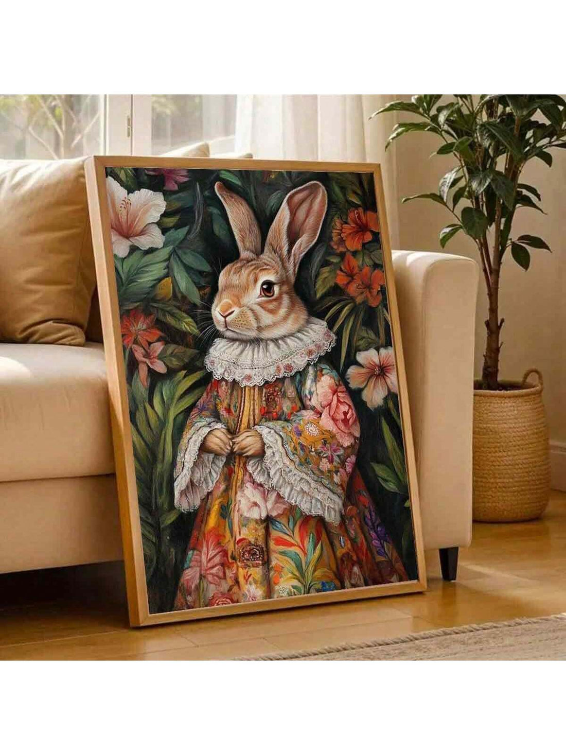 Transform your space with this enchanting King Rabbit Portrait Canvas Art, a sophisticated blend of whimsy and elegance. Featuring a regal rabbit adorned in an ornate floral costume, this piece brings personality and charm to any room. 