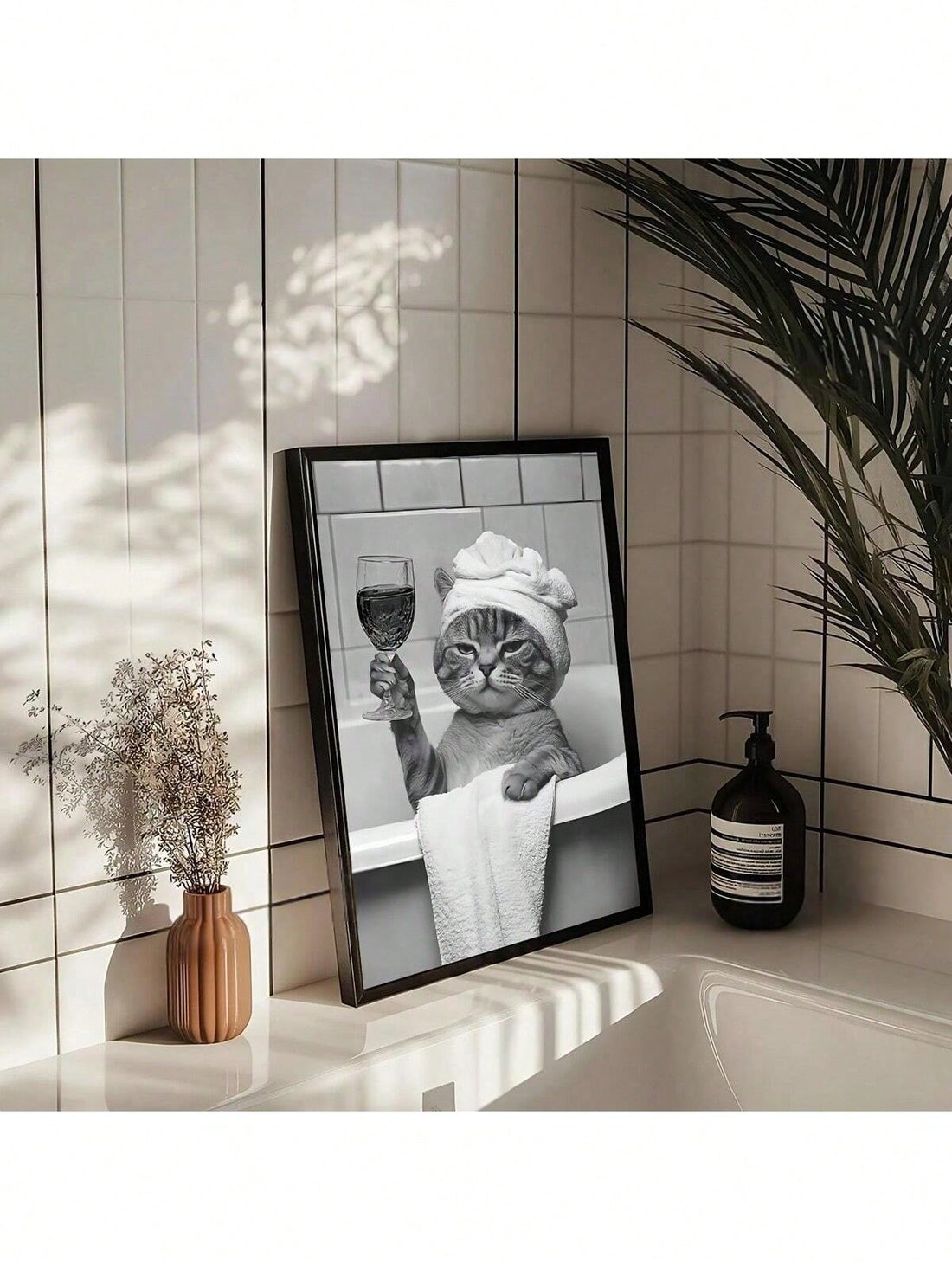 Add a playful touch to your bathroom with this whimsical wall art poster featuring a charming kitten enjoying a glass of wine in a bathtub. Crafted to bring humor and uniqueness to your space, this print is perfect for those who appreciate distinctive decor that sparks conversation. Durable and vibrant, it enhances any bathroom with a lighthearted yet sophisticated vibe.