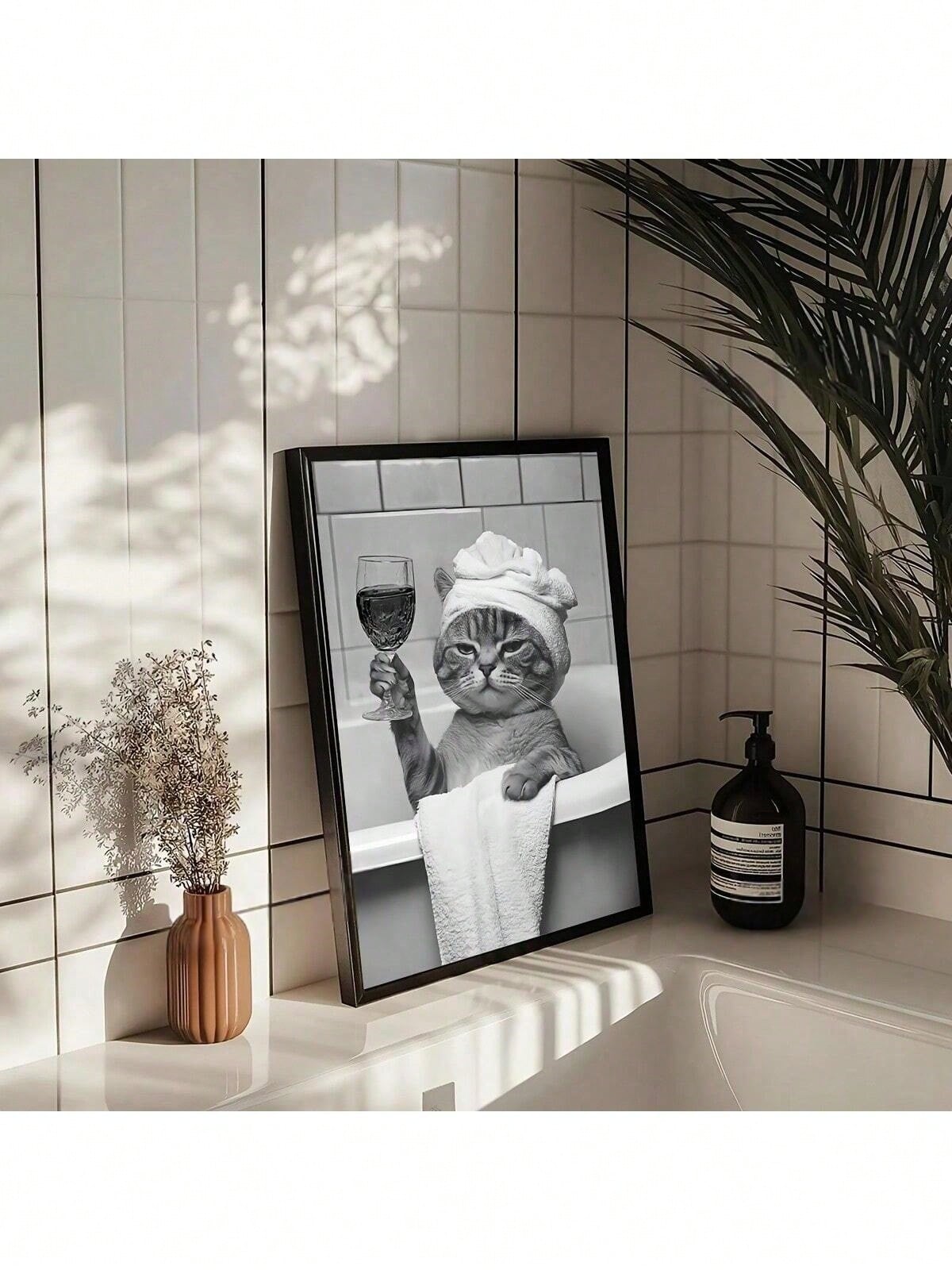 Add a playful touch to your bathroom with this whimsical wall art poster featuring a charming kitten enjoying a glass of wine in a bathtub. Crafted to bring humor and uniqueness to your space, this print is perfect for those who appreciate distinctive decor that sparks conversation. Durable and vibrant, it enhances any bathroom with a lighthearted yet sophisticated vibe.