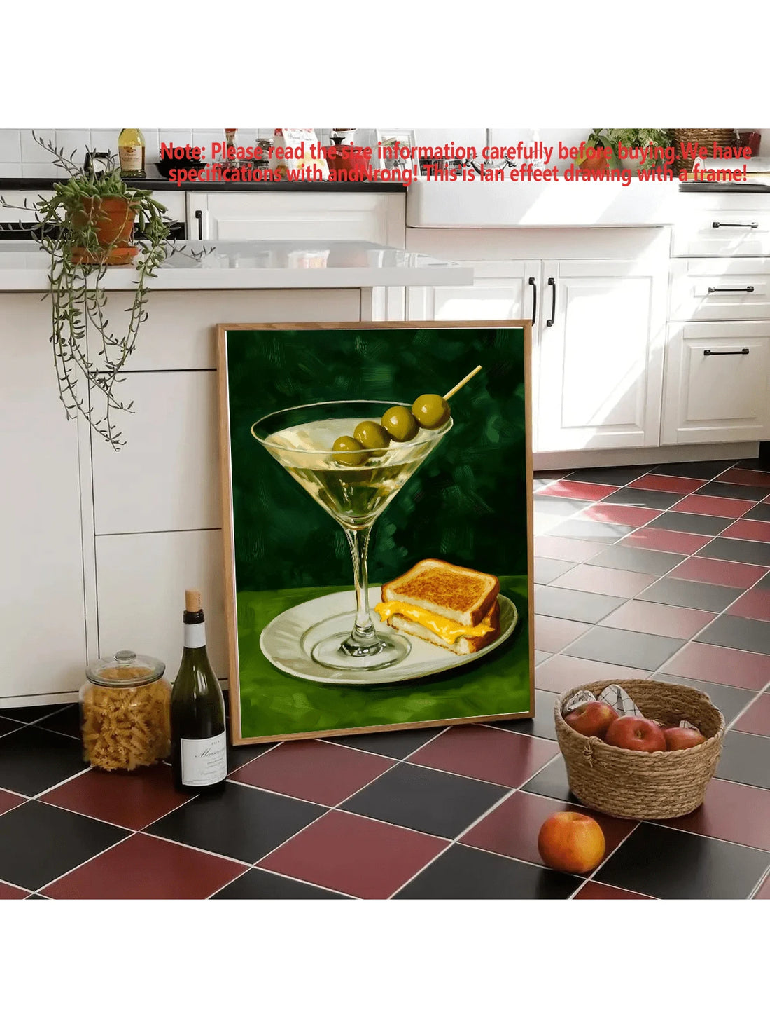 Add a touch of retro charm to your kitchen with this whimsical wall art featuring a martini and grilled cheese design. Perfect for vintage-inspired interiors, this multicolor canvas print brings playful sophistication to any space.