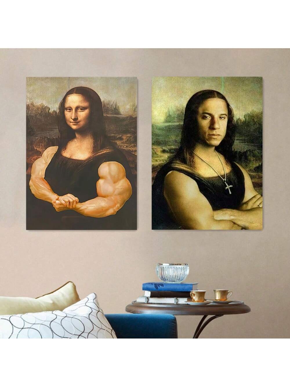 This canvas art set features the iconic Mona Lisa with a twist - she has muscular arms! The whimsical 2-piece prints are perfect for adding a touch of humor to your home decor. Made with high-quality materials, these prints are sure to be a unique addition to any room. Elevate your home with this one-of-a-kind artwork.