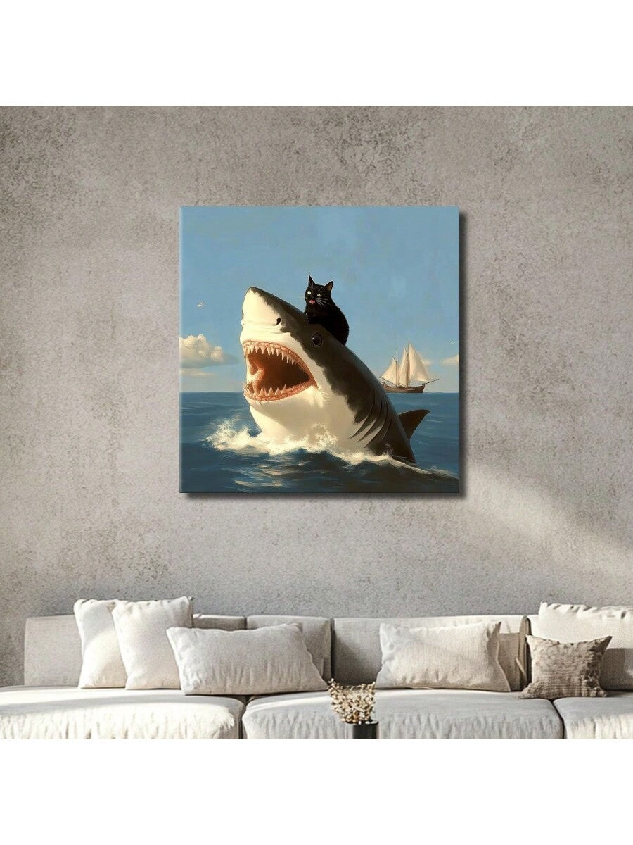 Experience a whimsical ocean adventure through the eyes of a vintage cat riding a shark on this stunning wrapped canvas art piece. Perfect for adding a touch of creativity and nostalgia to any room, this art piece combines the beauty of the ocean with the charm of a beloved feline companion. Bring a unique and playful touch to your home decor with this one-of-a-kind artwork.