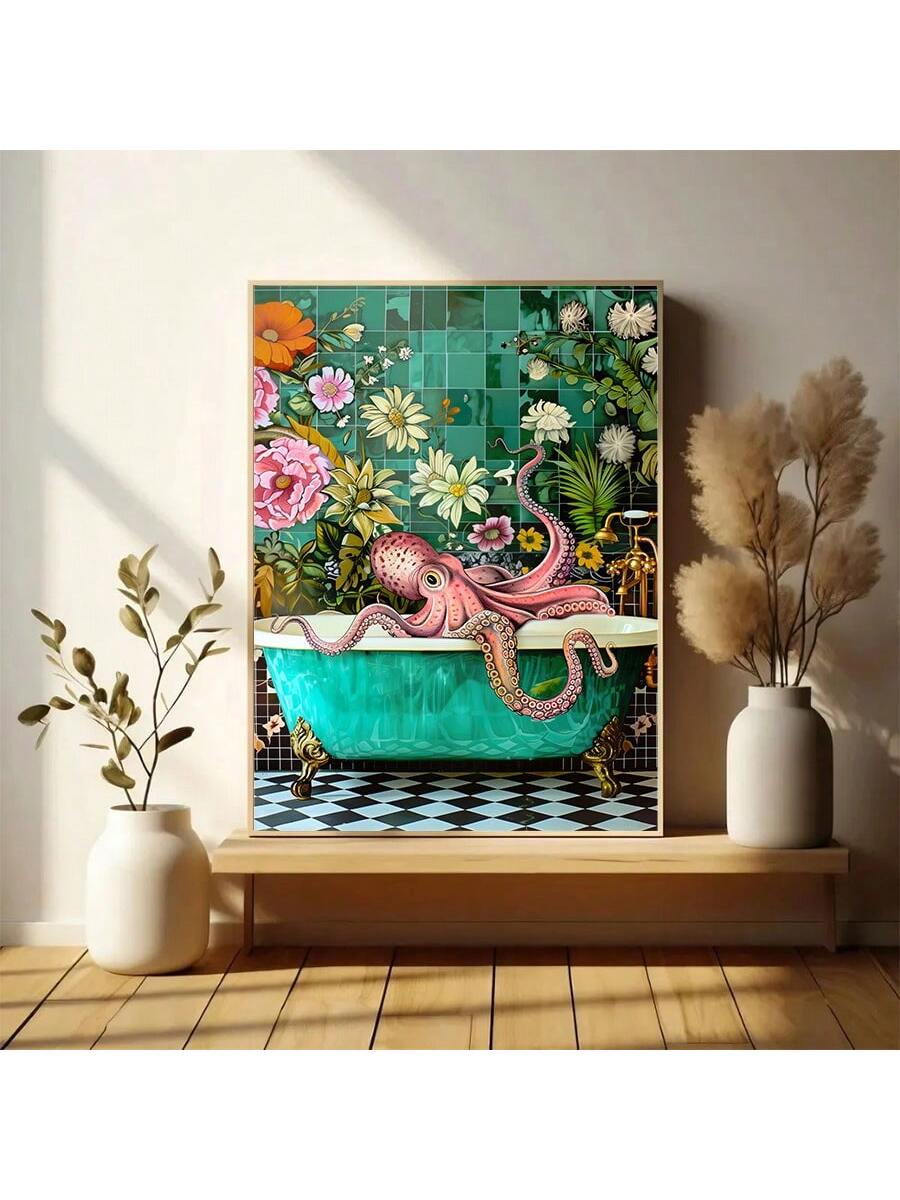 Transform your bathroom into an elegant and unique space with our Whimsical Octopus Art Print. This piece features a maximalist design and a charming octopus, bringing a touch of creativity and sophistication to any bathroom. Elevate your décor with this one-of-a-kind print.