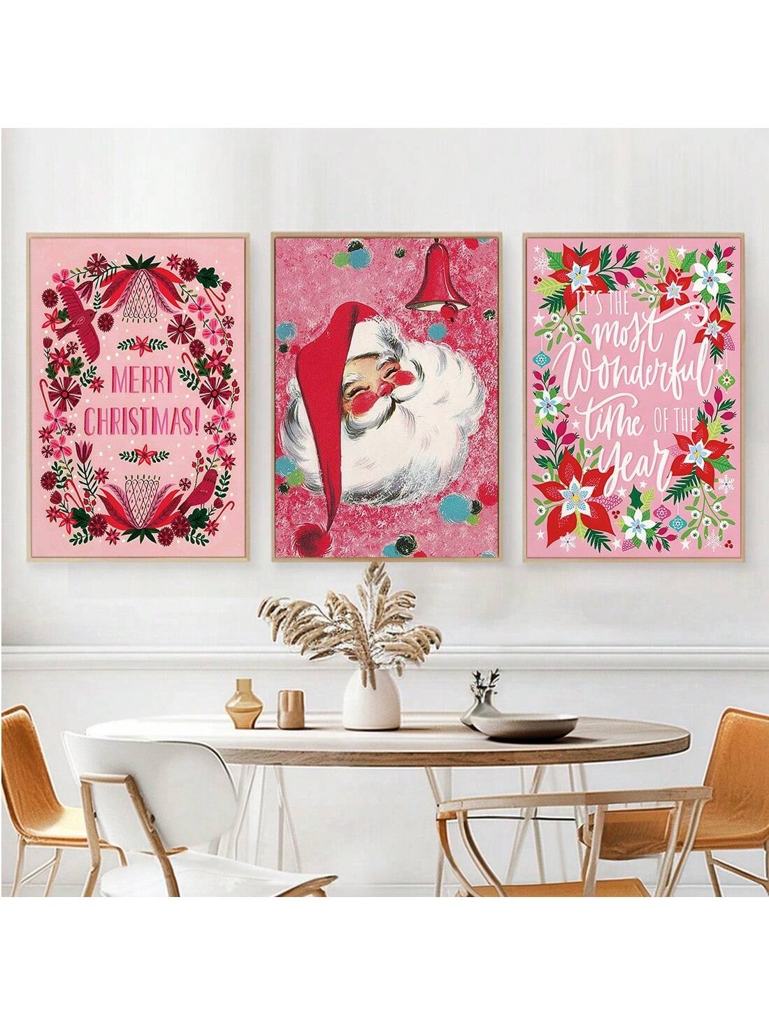 This whimsical pink Christmas wall art set, consisting of 3 frameless canvas pieces, adds a cozy holiday vibe to any room. Bring joy and warmth to your home with this unique and charming decor.