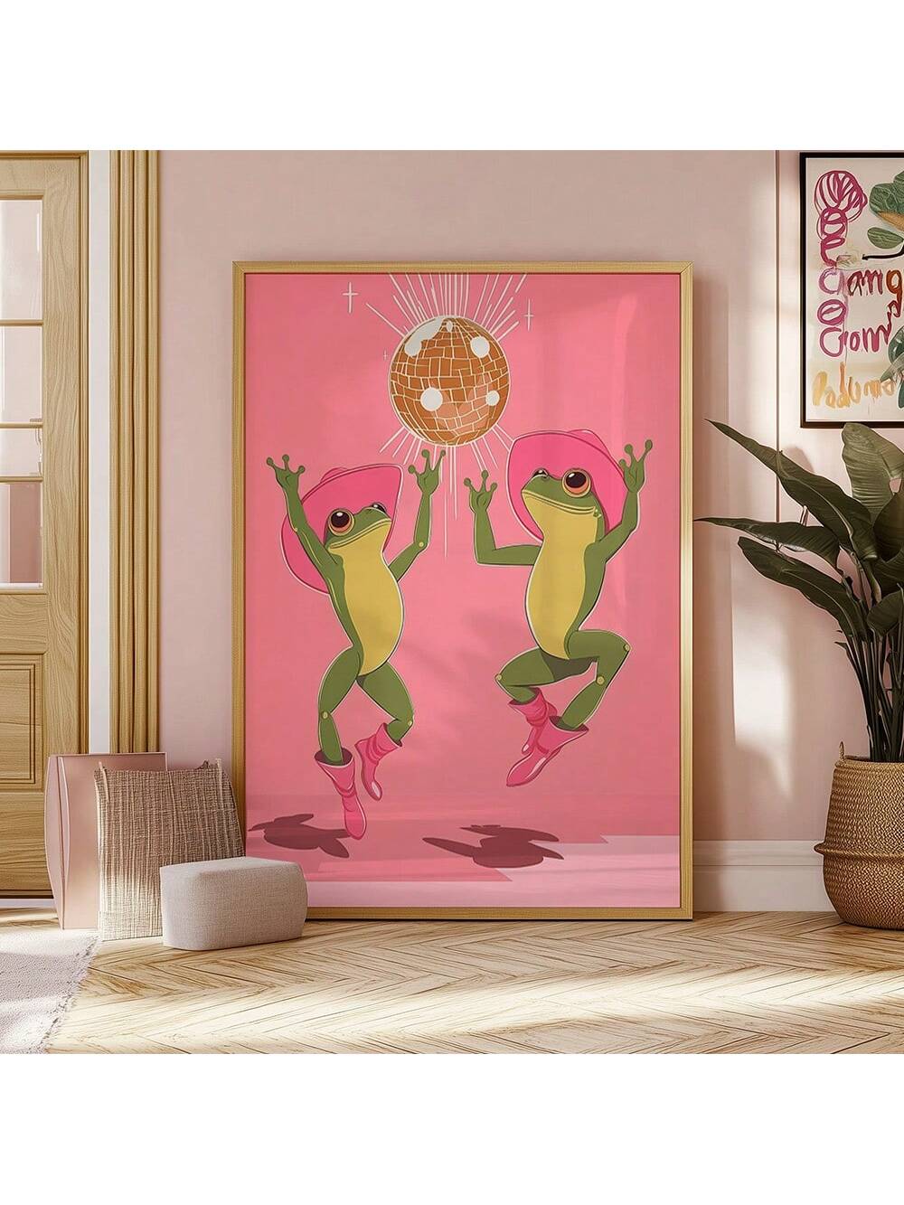 Add a playful yet sophisticated touch to your cowgirl-themed space with this Whimsical Pink Frog Art Print. Featuring a charming dancing frog rendered in soft pink hues, this print blends quirky aesthetics with rustic charm. Perfect for wall decor that balances whimsy and style, it enhances any room with a unique, artistic flair that complements western-inspired interiors. Crafted to inspire joy and creativity, this piece is an expert choice for those seeking distinctive, tasteful cowgirl decor.