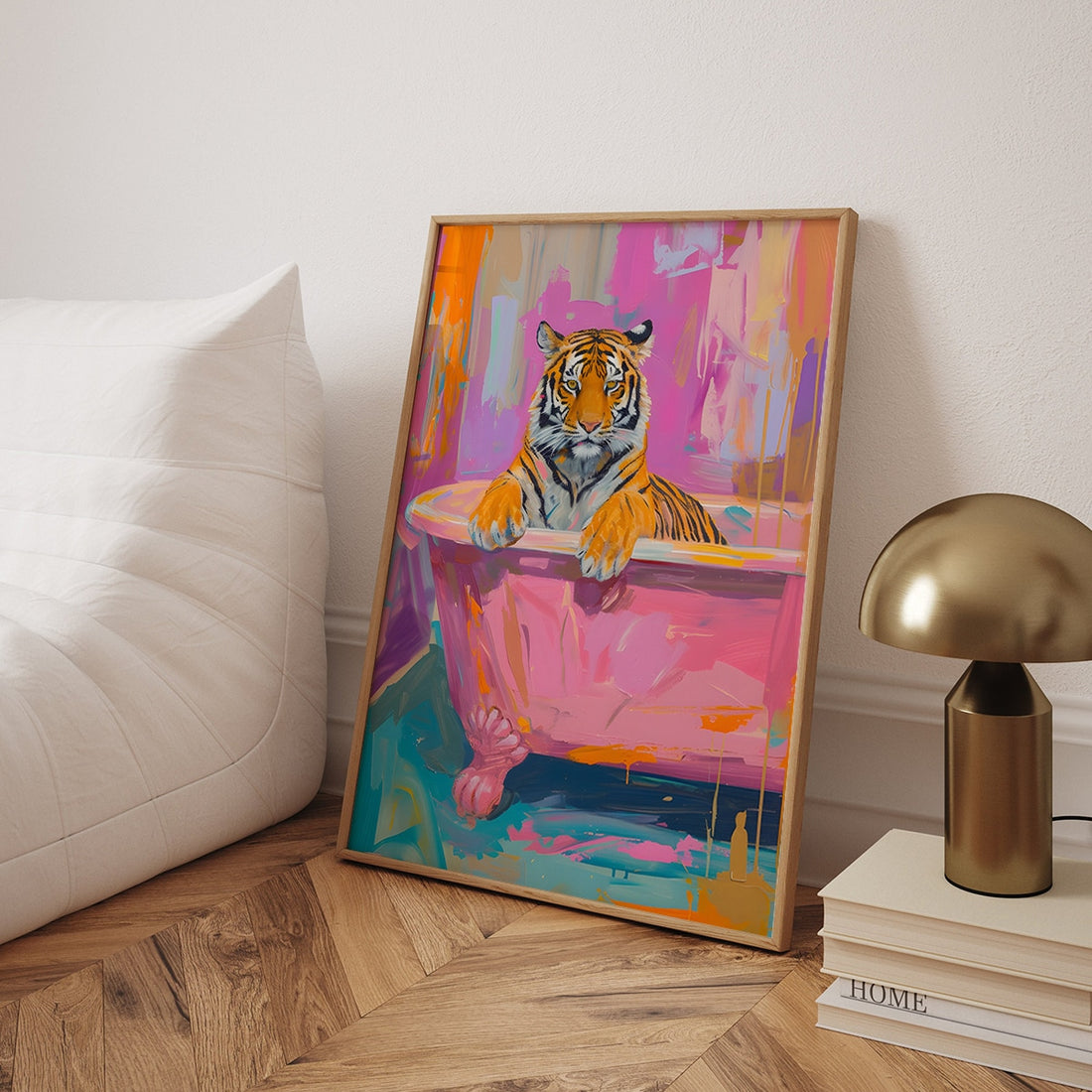 Add a whimsical touch to your home decor with our trendy and waterproof canvas poster featuring a playful pink tiger in a bathtub. Made with high-quality materials, this unique piece adds both style and functionality to any room. Elevate your space with this charming and durable wall art.