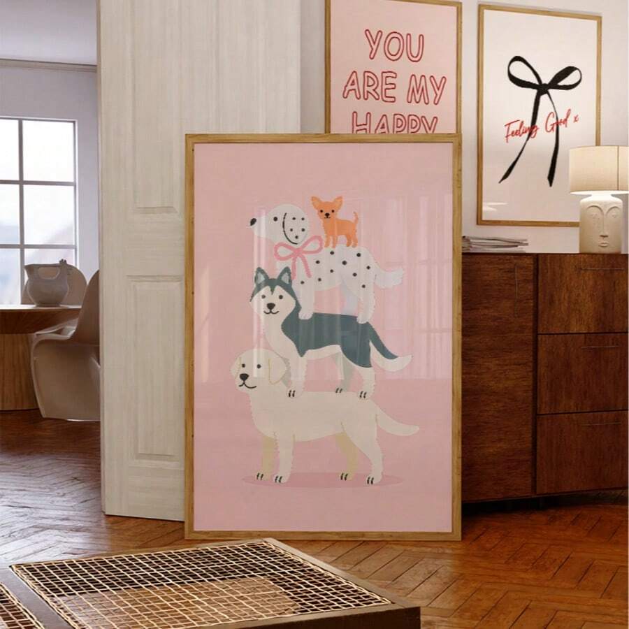 Bring playful charm to any space with this whimsical puppy poster. Featuring an adorable cartoon dog design, this canvas art is perfect for bedrooms, dorms, and home offices. The waterproof material ensures durability and easy maintenance, making it ideal for any room in your home. Whether you're decorating your own space or searching for the perfect gift for a dog lover, this unframed painting adds a touch of joy and personality to your walls. Display it solo or pair it with other pieces for a gallery-styl