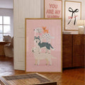 Bring playful charm to any space with this whimsical puppy poster. Featuring an adorable cartoon dog design, this canvas art is perfect for bedrooms, dorms, and home offices. The waterproof material ensures durability and easy maintenance, making it ideal for any room in your home. Whether you're decorating your own space or searching for the perfect gift for a dog lover, this unframed painting adds a touch of joy and personality to your walls. Display it solo or pair it with other pieces for a gallery-styl