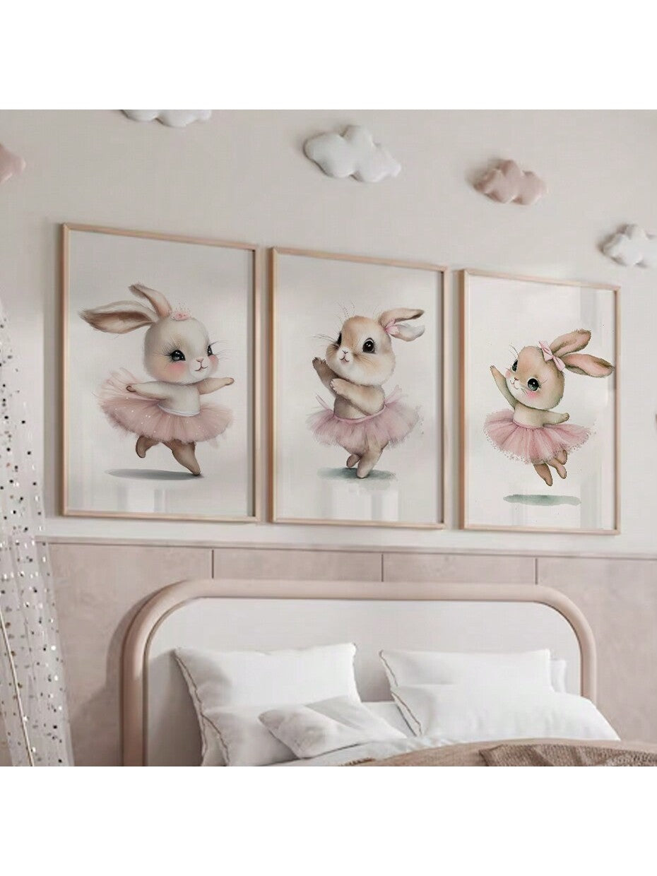 This 3-piece abstract canvas wall art showcases a whimsical rabbit dance, bringing a touch of style and playfulness to your home decor. With vibrant colors, high-quality materials, and a unique design, this art piece is perfect for any room in your home. Enhance your space with this charming and eye-catching wall art.