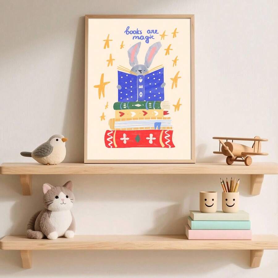 Whimsical rabbit reading book stack canvas poster for nursery wall decor