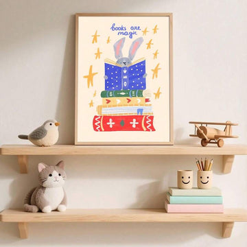Whimsical rabbit reading book stack canvas poster for nursery wall decor