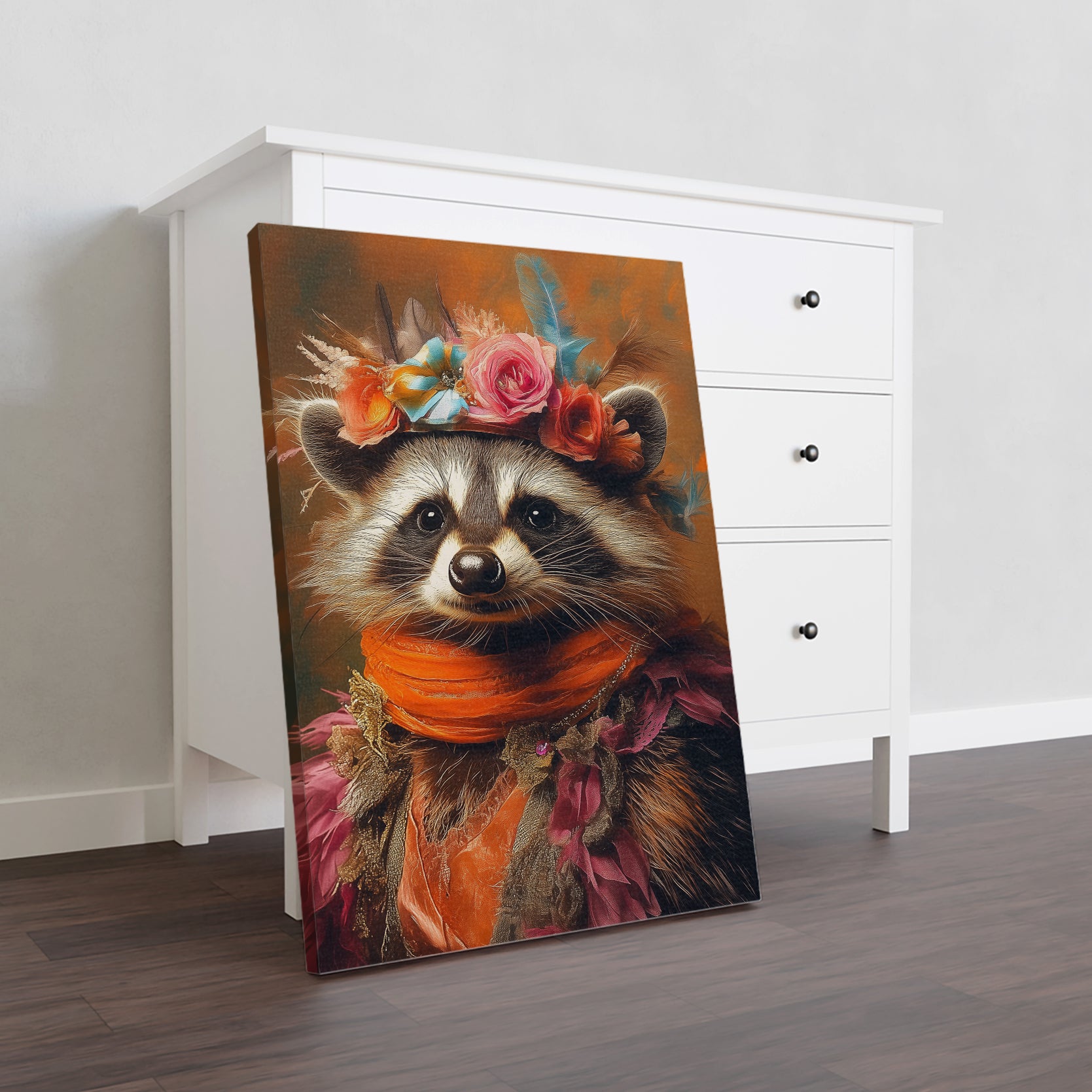 Add a touch of playful charm to your home decor with our whimsical raccoon canvas wall art. Featuring a delightful floral crown design, this piece is perfect for brightening up any living room, sofa backdrop, or bedside. Elevate your space with this unique and eye-catching piece.