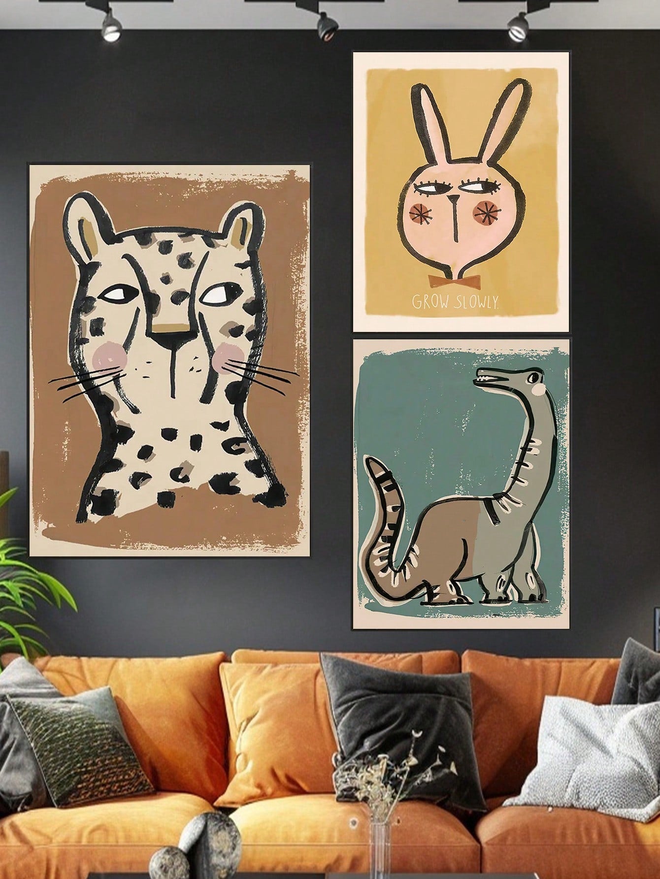 This playful canvas print features a whimsical retro animal art design, including a funny leopard, rabbit, and dinosaur. Add a touch of humor and charm to your home decor with this unique piece. Made with high-quality materials, it's the perfect addition to any playful space.