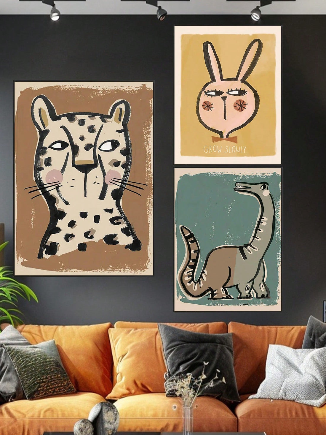 This playful canvas print features a whimsical retro animal art design, including a funny leopard, rabbit, and dinosaur. Add a touch of humor and charm to your home decor with this unique piece. Made with high-quality materials, it's the perfect addition to any playful space.