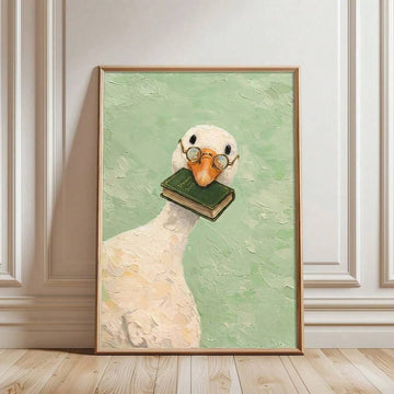 Goose reader canvas in a light wood frame against a paneled neutral wall