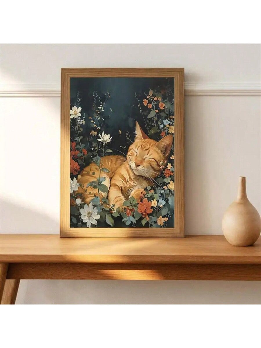 Introduce some whimsy and joy to your space with our Whimsical Sleepy Orange Tabby Cat Canvas Art. This vibrant piece features a playful tabby cat surrounded by a beautiful floral garden. Transform any wall into a delightful and colorful escape.