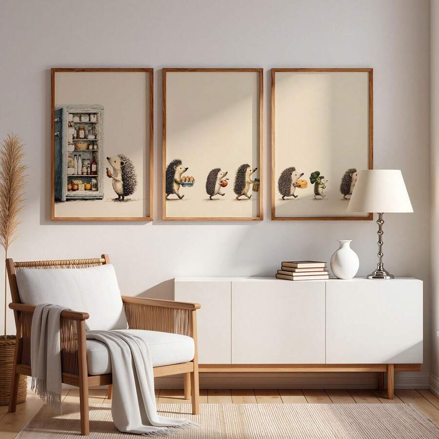 Three framed storybook hedgehog grocery posters displayed above a pale wood sideboard