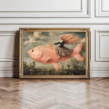 Whimsical Surrealist Girl Riding Huge Pink Fish Canvas Poster