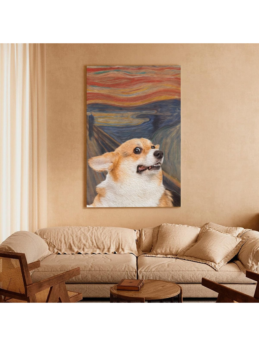 Elevate your living space with our stunning Whimsical "The Scream" Dog Canvas Art. This aesthetic and framed wall decor features a unique depiction of the famous painting with a humorous twist. Made with high-quality materials, it adds a touch of whimsy to any room. A must-have for any art lover or dog owner.