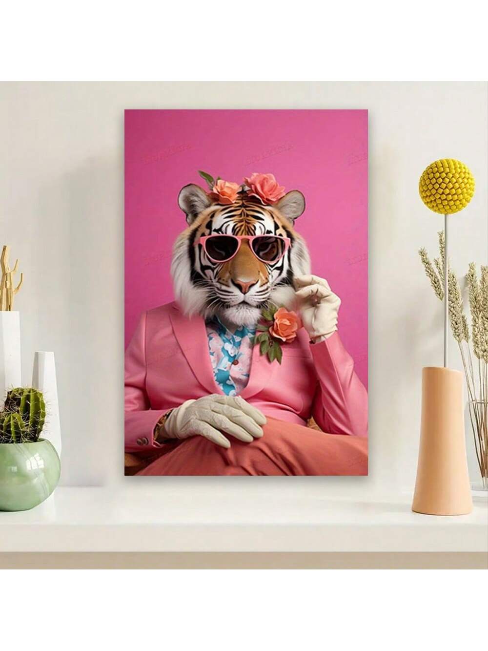 This Whimsical Tiger Canvas Art Print is a charming addition to any home decor. With its vibrant colors and playful design, it brings a touch of joy to any room. Made using high-quality materials and framed for a polished look, it also makes for a thoughtful and unique gift.