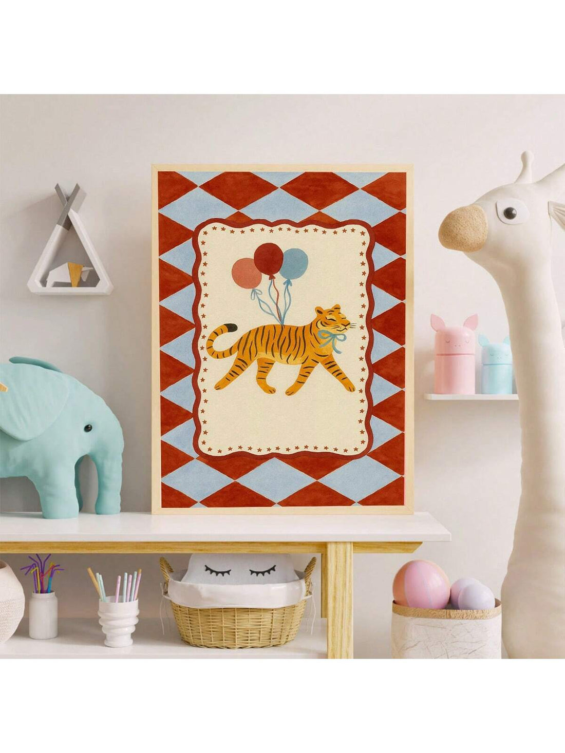 Bring imaginative charm to your child's space with this whimsical tiger canvas wall art. Featuring playful circus-inspired design, this piece captures the wonder and joy that young minds adore. The vibrant artwork adds personality and visual interest to nurseries and kids' rooms while maintaining a sophisticated aesthetic that complements various décor styles. Perfect for creating a focal point above a crib, dresser, or reading nook, this canvas combines entertainment value with thoughtful design.