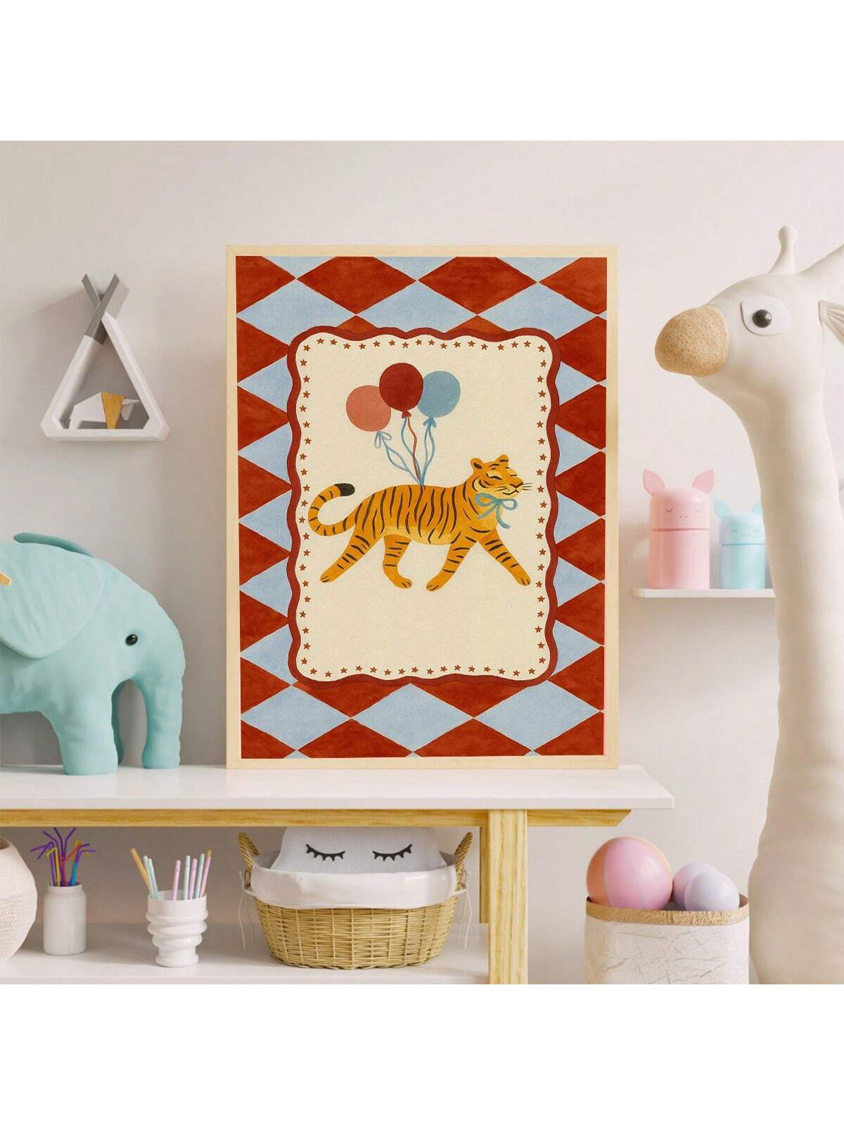Bring imaginative charm to your child's space with this whimsical tiger canvas wall art. Featuring playful circus-inspired design, this piece captures the wonder and joy that young minds adore. The vibrant artwork adds personality and visual interest to nurseries and kids' rooms while maintaining a sophisticated aesthetic that complements various décor styles. Perfect for creating a focal point above a crib, dresser, or reading nook, this canvas combines entertainment value with thoughtful design.