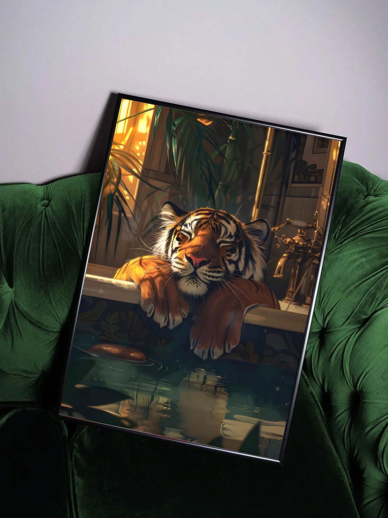 Add a touch of whimsy to any room with our Whimsical Tiger in Tub Canvas Art Print. This modern and retro piece of decor will bring a unique and playful vibe to your space. Made with high quality materials, it's perfect for any room in your home.
