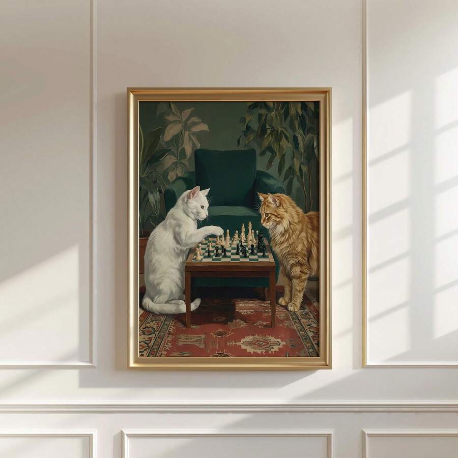 Bring whimsy and charm to any room with this delightful vintage-inspired canvas art featuring a clever cat absorbed in a game of chess. The soft retro palette of green and cream tones creates a warm, nostalgic atmosphere perfect for cat enthusiasts and art lovers alike.