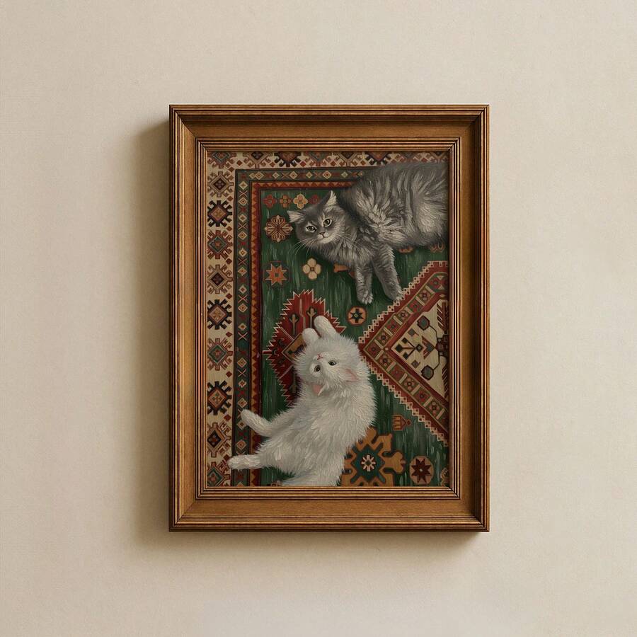 Bring timeless elegance to your home with this charming vintage cat wall art. Featuring a whimsical oil painting of fluffy Persian cats resting on an elegant carpet, this piece captures the grace and personality of beloved feline companions. Perfect for dining rooms, living spaces, or any room needing a touch of sophistication. Crafted on high-quality canvas with waterproof properties, this hanging painting blends classic artistic style with modern durability. The animal and botanical patterns create a warm