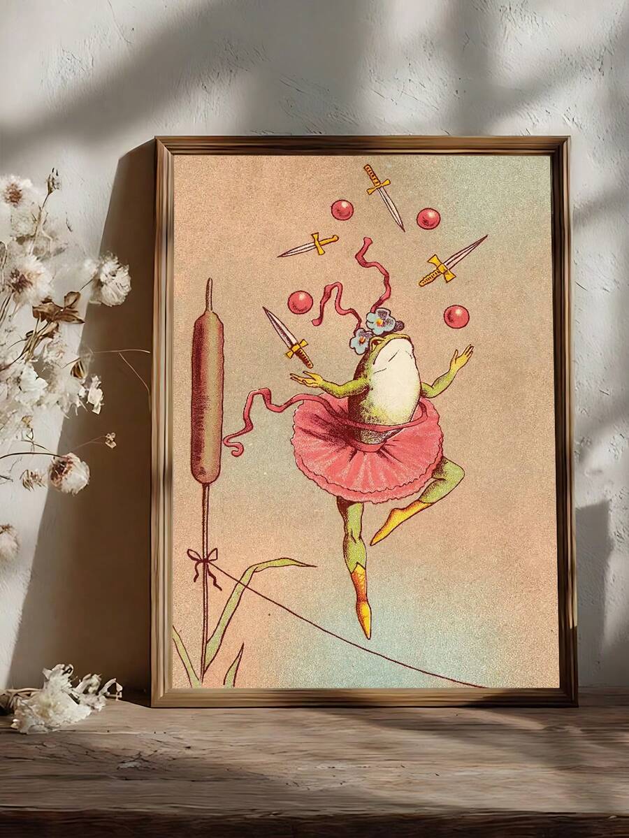 Vintage frog tightrope whimsical animal art print for home office decor