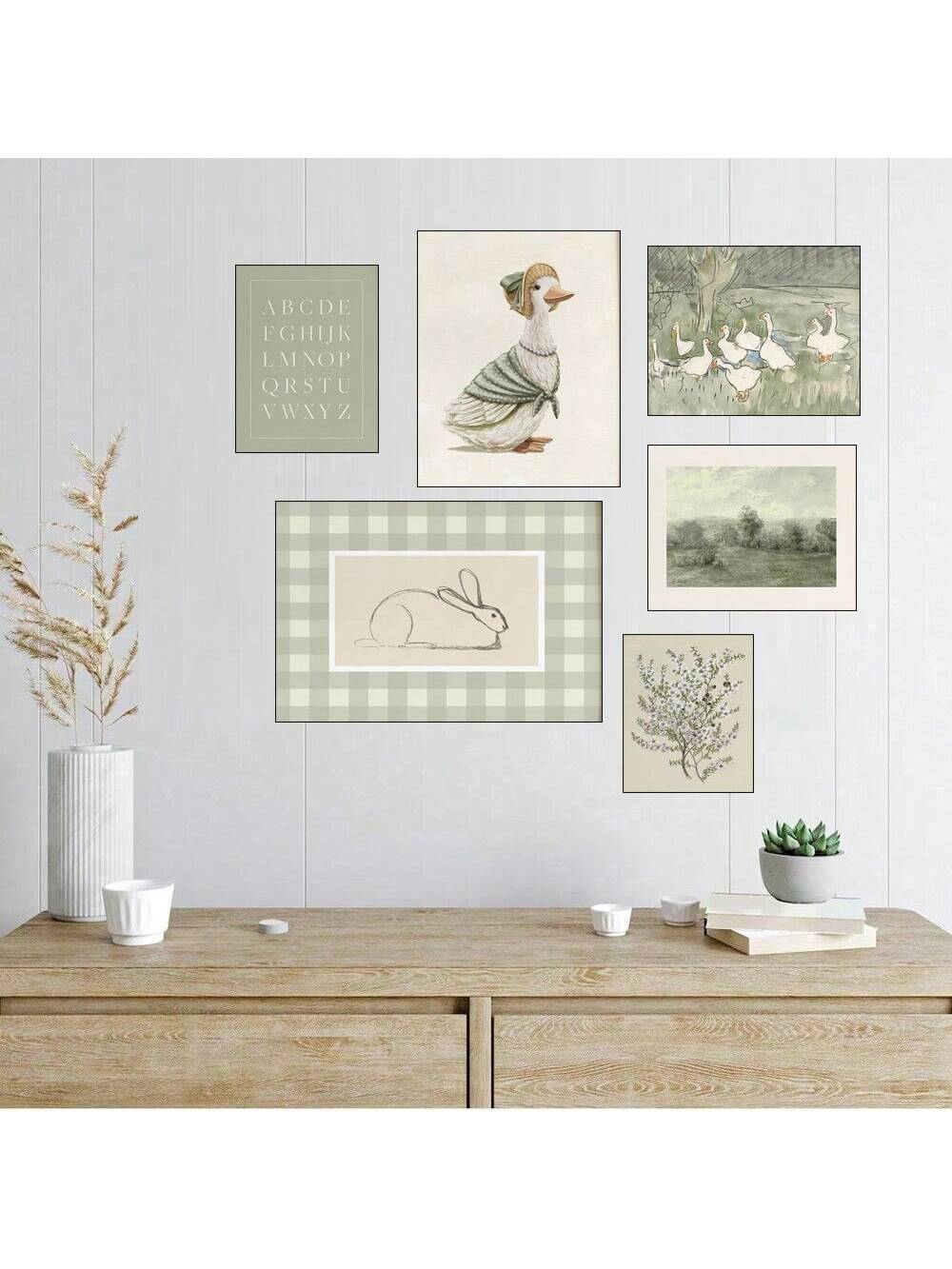 Add a touch of charm to your child's room with our Whimsical Vintage Sage Green Nursery Art Print. Featuring a delightful scene of a swan and rabbit, this canvas print adds a playful and nostalgic feel to any nursery. Perfect for creating a serene and whimsical atmosphere for your little one.