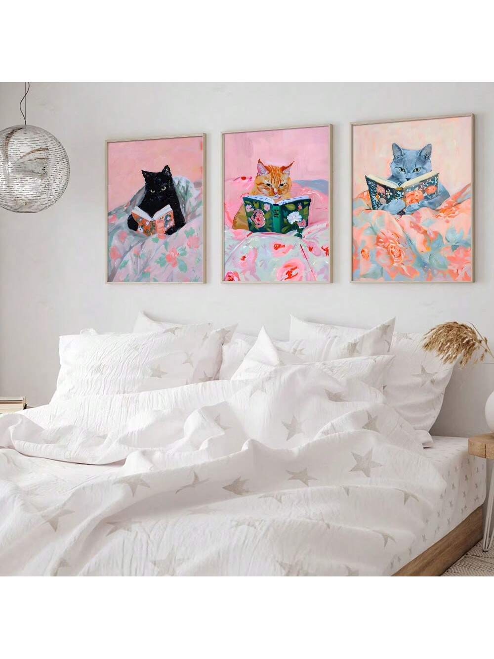 Transform your home décor with the Whimsical Whiskers 3-Piece Set! These cute cat reading art posters will add a touch of trendiness to any room. Made with high-quality materials, these posters are suitable for any living space. Express your love for cats and literature with this charming set.
