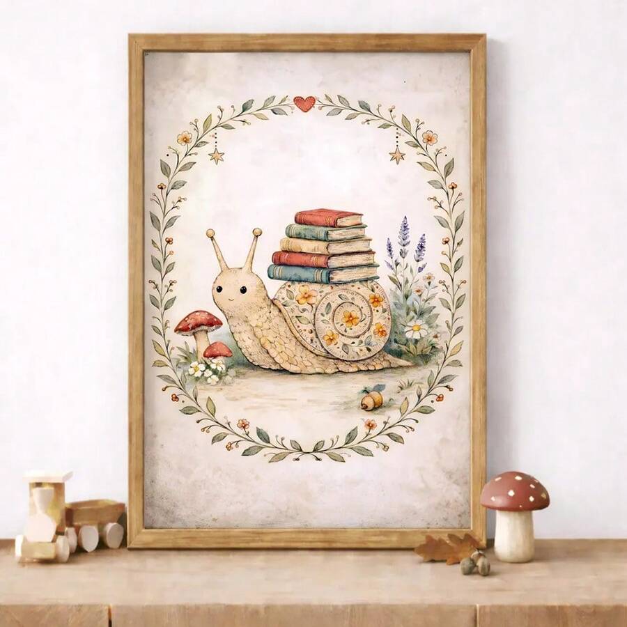 Bring enchantment to your child's space with this whimsical woodland canvas poster featuring a charming snail nestled among stacked books. Perfect for playrooms and nurseries, the cartoon-style design combines adorable animal characters with lush plant elements in a soft, inviting palette. Crafted on premium canvas with waterproof protection, this artwork is built to withstand the wear and tear of busy family life. Available as both framed and unframed options, it adapts to your décor style and budget. The 