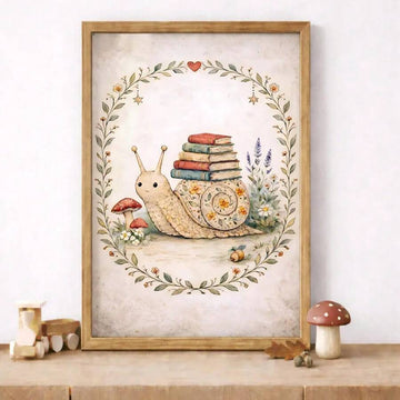 Bring enchantment to your child's space with this whimsical woodland canvas poster featuring a charming snail nestled among stacked books. Perfect for playrooms and nurseries, the cartoon-style design combines adorable animal characters with lush plant elements in a soft, inviting palette. Crafted on premium canvas with waterproof protection, this artwork is built to withstand the wear and tear of busy family life. Available as both framed and unframed options, it adapts to your décor style and budget. The 