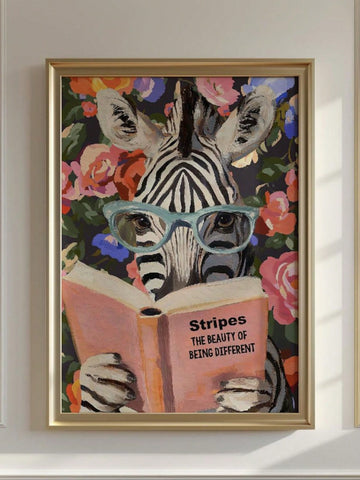 Celebrate the joy of reading with this charming zebra art print, a delightful addition to any literary enthusiast's space. Featuring a whimsical illustration of a zebra absorbed in a good book, this piece combines humor and sophistication to spark conversation.
