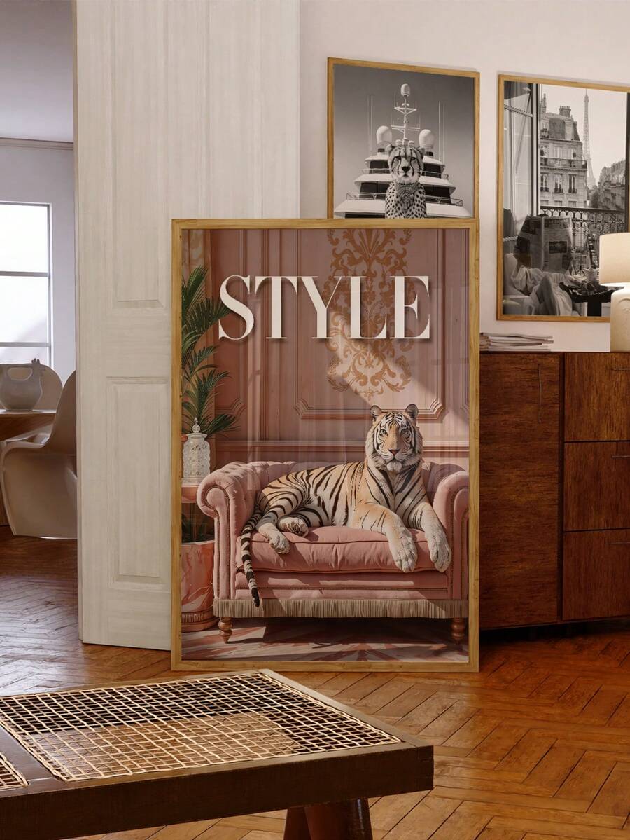 Framed white tiger on blush sofa STYLE poster in eclectic living room