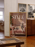 Framed white tiger on blush sofa STYLE poster in eclectic living room
