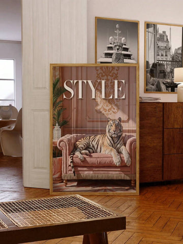 Framed white tiger on blush sofa STYLE poster in eclectic living room