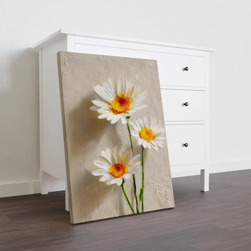 Transform your space with this elegant white daisy canvas art, featuring delicate floral blooms rendered on a richly textured background. The sophisticated composition brings botanical beauty and serene charm to any room—ideal for above sofas, bedroom walls, or living areas seeking refined décor. The textured finish adds depth and visual interest, creating a focal point that complements both contemporary and traditional interiors.