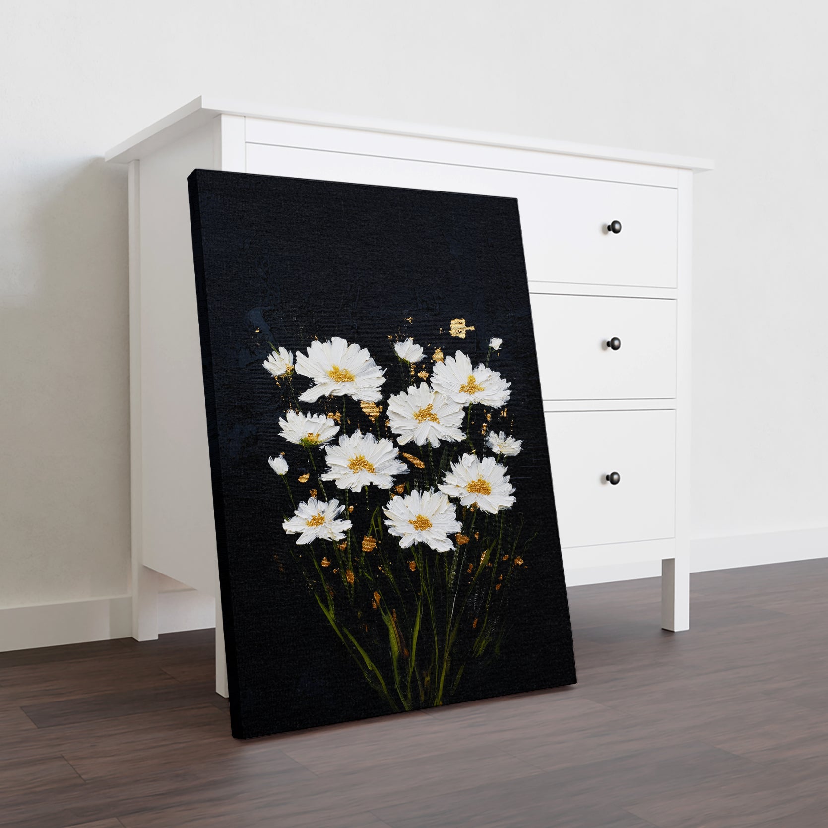 White daisies bloom against a striking black canvas, creating a sophisticated contrast that elevates any interior space. This wall art piece combines botanical elegance with modern minimalism, making it an ideal focal point for living rooms, bedroom walls, or above sofas. The crisp white florals draw the eye while the dark background grounds the composition, adding depth and visual interest without overwhelming your décor.