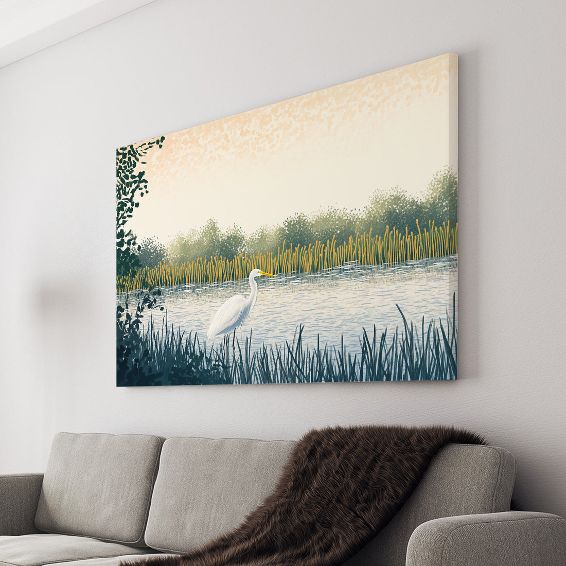 Enhance any living space with this stunning White Egret Lake Scene Canvas Wall Art. Featuring a serene nature landscape print, this piece will bring a calming and peaceful atmosphere to any room. Perfect for living rooms, sofa backdrops, bedside decoration, and overall home decor.
