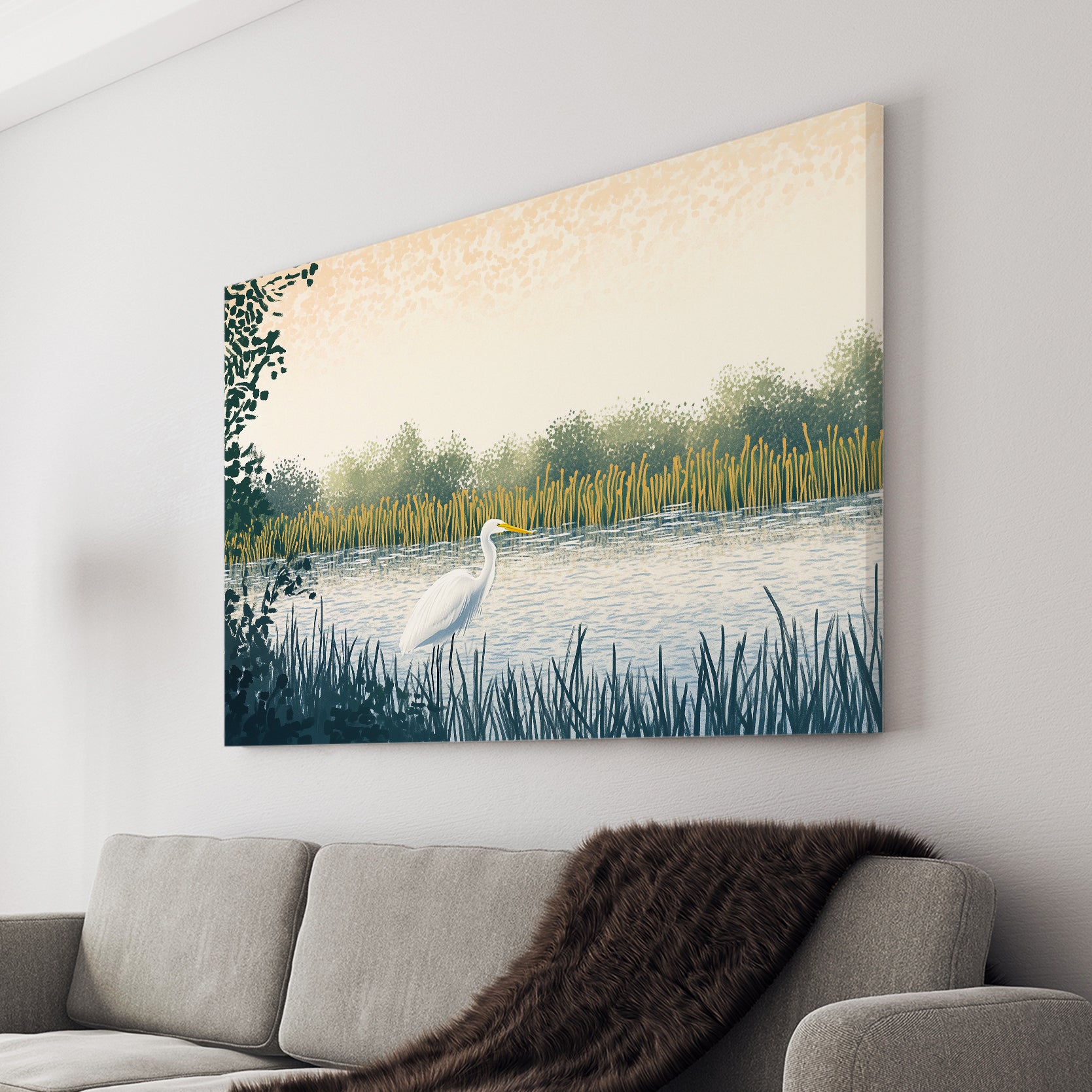 Enhance any living space with this stunning White Egret Lake Scene Canvas Wall Art. Featuring a serene nature landscape print, this piece will bring a calming and peaceful atmosphere to any room. Perfect for living rooms, sofa backdrops, bedside decoration, and overall home decor.