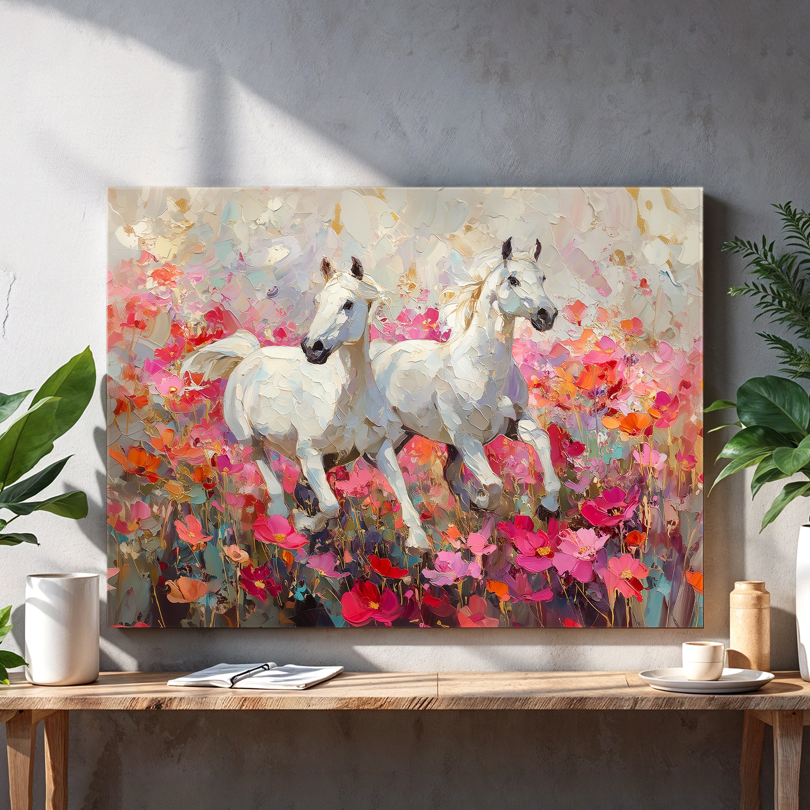Elevate your living space with this exquisite canvas wall art featuring white horses gracefully set against a vibrant field of pink poppies. Perfectly suited for living rooms, sofa backdrops, or bedside decoration, this painting adds a serene and elegant touch to your home decor. The detailed imagery and soft color palette create a calming atmosphere, making it an ideal focal point that blends nature’s beauty with artistic sophistication. Crafted to enhance any interior, this piece brings both charm and tra