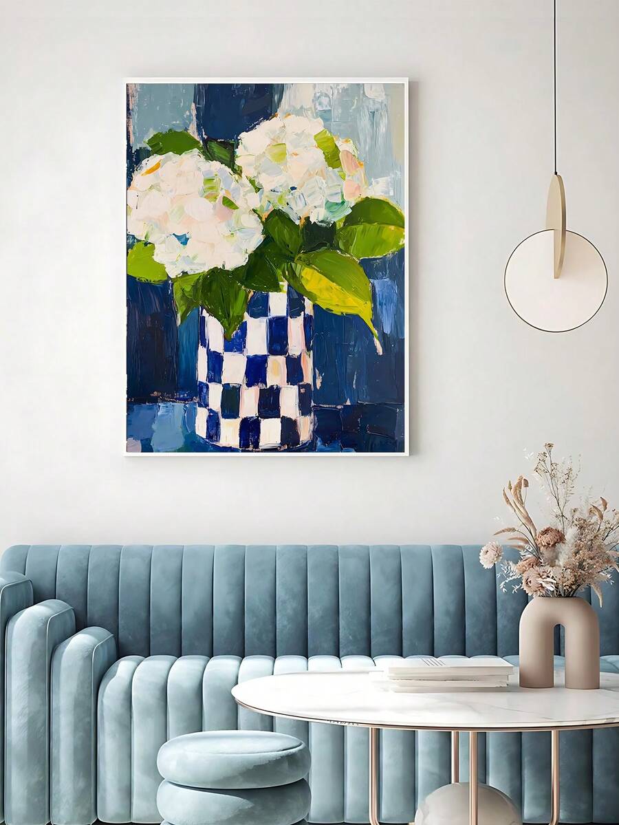 White hydrangea wall art with blue checkered vase