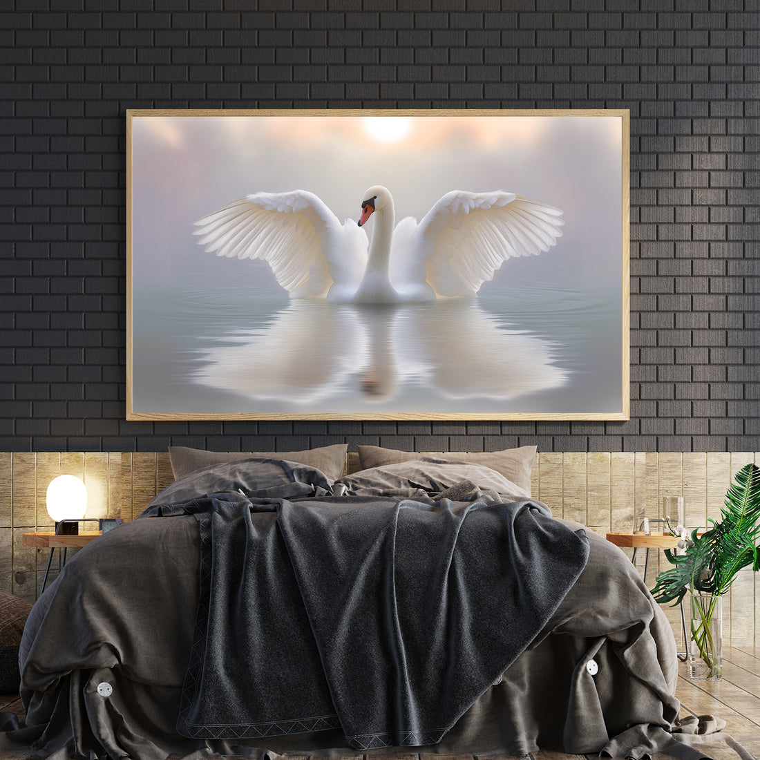 Elevate your interior with this stunning white swan canvas art, capturing a majestic bird in graceful flight across serene waters. The detailed brushwork and soft color palette create a calming focal point perfect for living rooms, bedrooms, or above sofas.